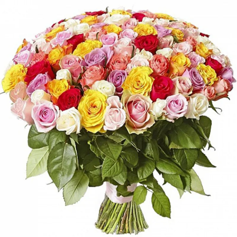 Букет 101 разноцветная роза под ленту, доставка Ликино-Дулево